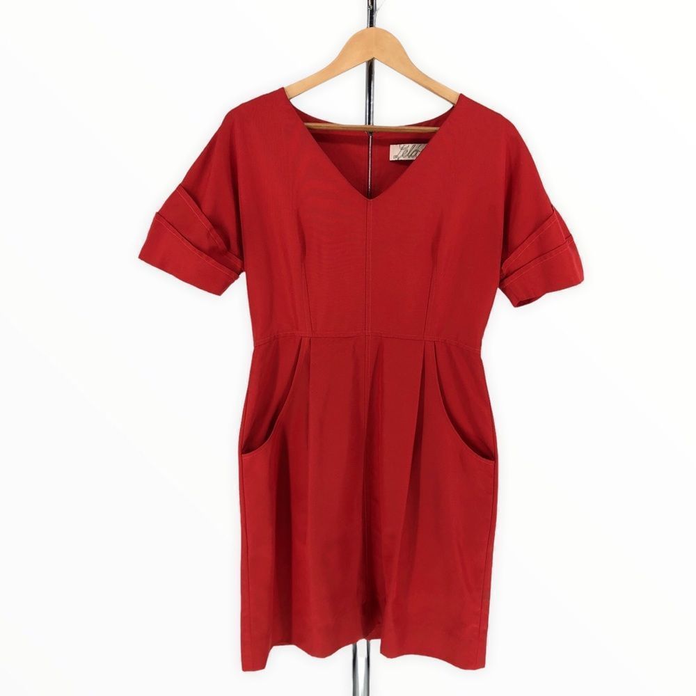 Lela Rose Red Short Sleeve V-Neck Dress with Pockets